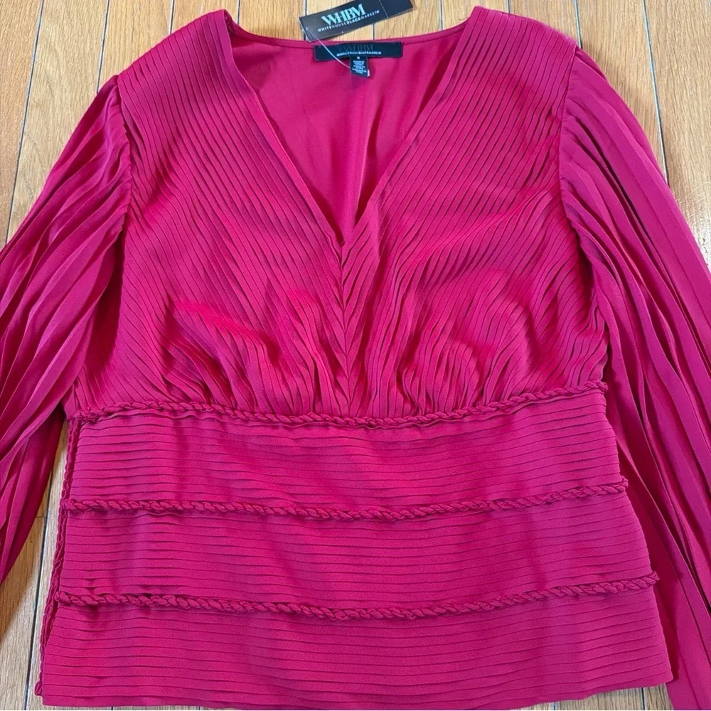 New NWT White House Black Market WHBM Long Sleeve Pintucked Blouse Dark Red Sz 6 - Picture 2 of 8
